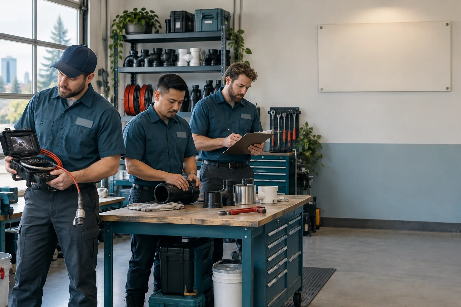 Anonymous drain-service technicians working in an organized workshop