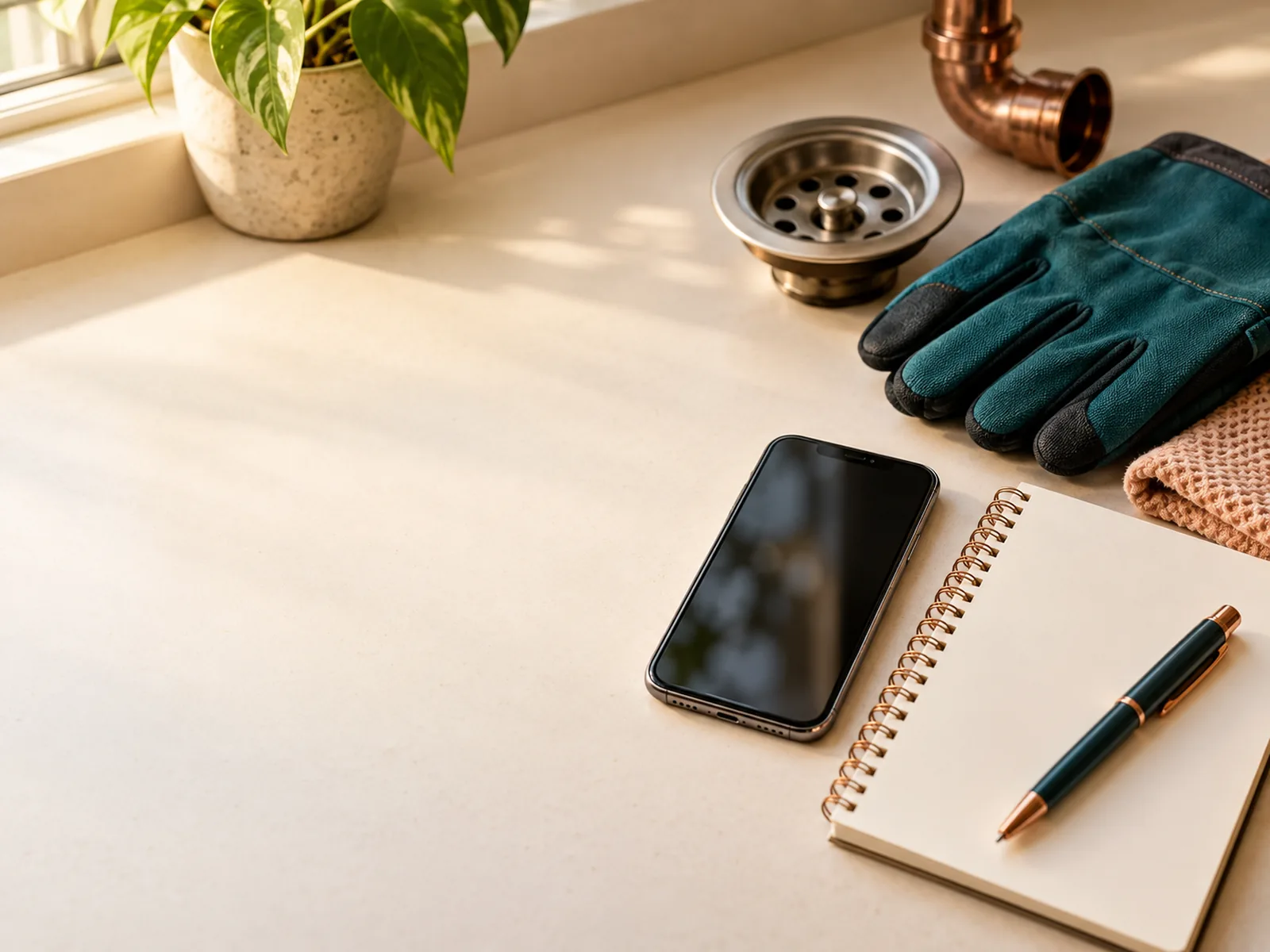 Phone, blank notepad, pen, glove, and drain fitting on a cream desk