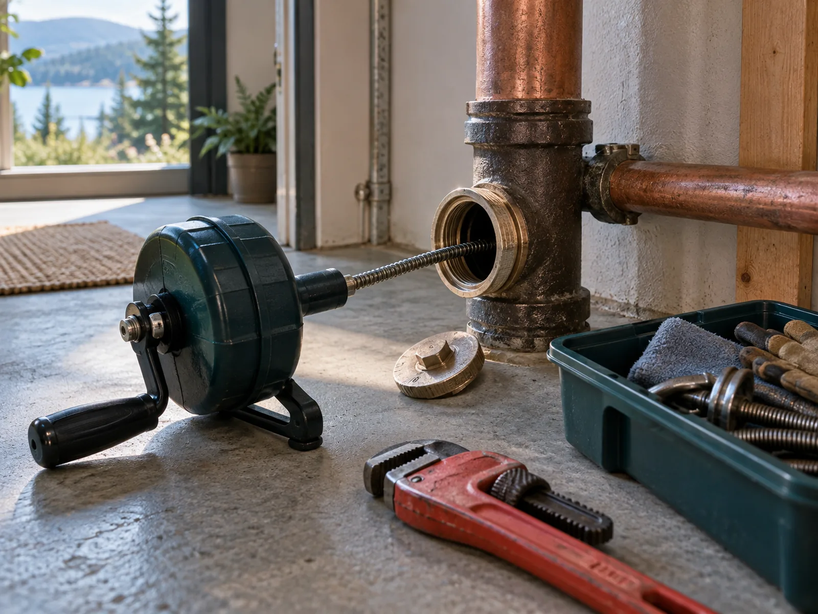 Residential drain cleaning tools and access context in Bellevue