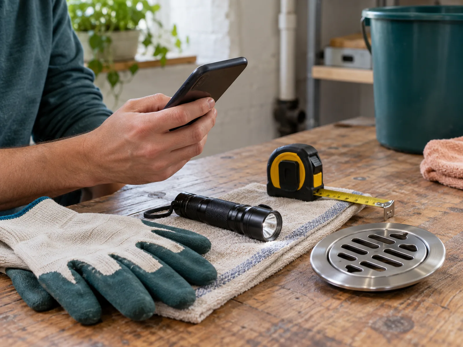 Blank preparation checklist with phone, flashlight, work gloves, and drain tool