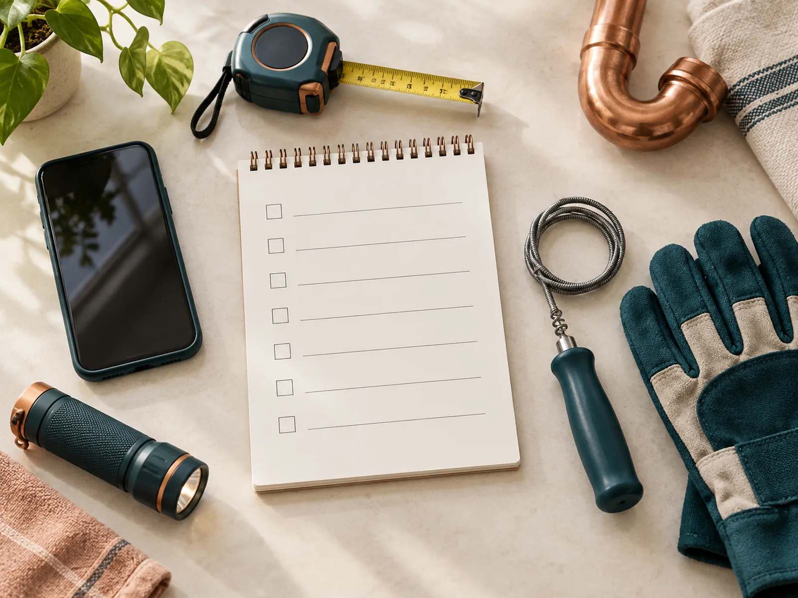 Blank drain service preparation checklist with phone, flashlight, gloves, and drain tool